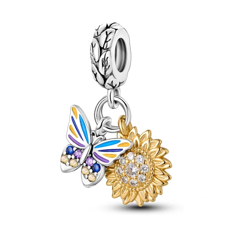 Conta de prata com borboleta esmaltada multicolor e girassol dourado com zircónias