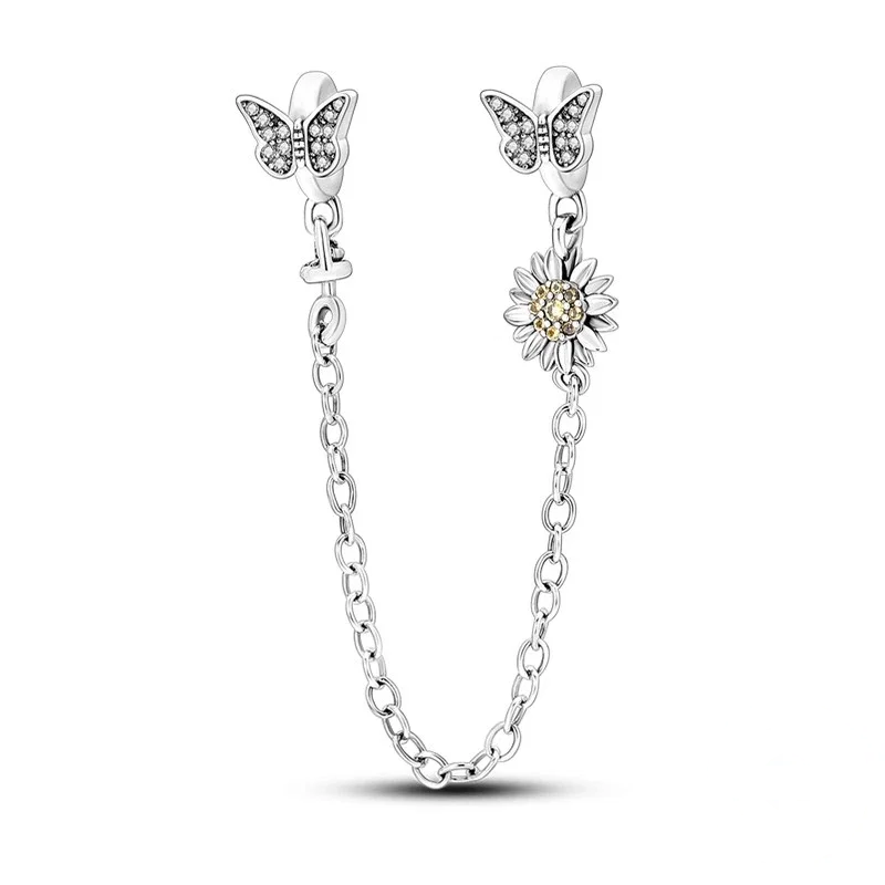 Pulseira de prata com berloques de borboleta e girassol, adornada com zircónias brilhantes.