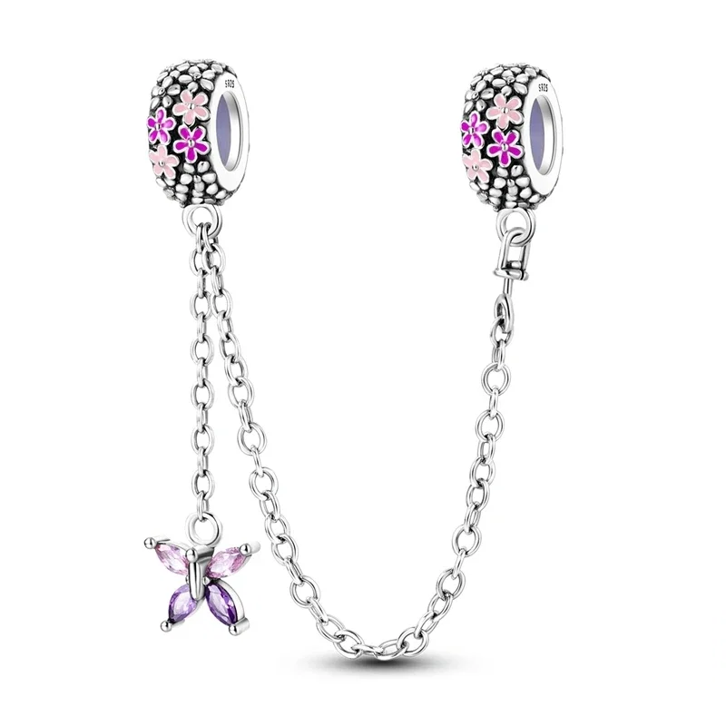 Pulseira de prata texturada com pendentes de borboleta e flores em esmalte multicolorido, com detalhes de zircónia.