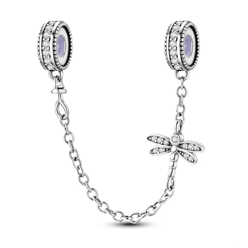 Conta de pulseira em prata com forma de libélula e detalhes de zircónia, polida e brilhante