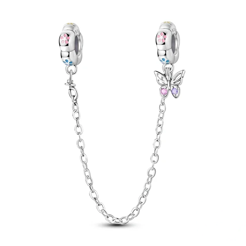 Corrente de segurança para pulseira com contas florais esmaltadas e pendente de borboleta com pedras coloridas