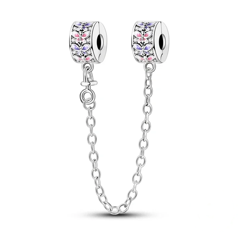 Corrente de segurança para pulseira com dois berloques de borboletas esmaltadas em rosa e lilás com microzircónias.