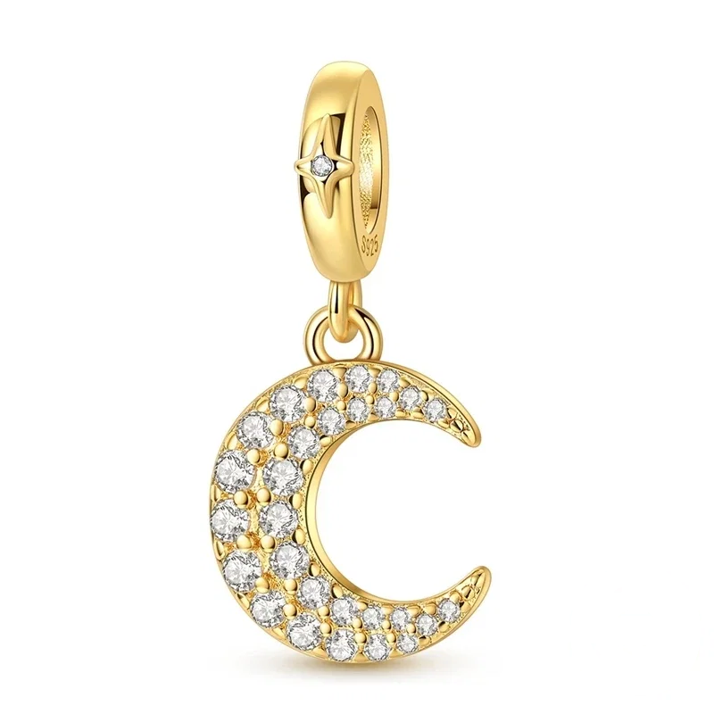 Berloque de prata com lua crescente e estrela cravejada de zircónias, para pulseira