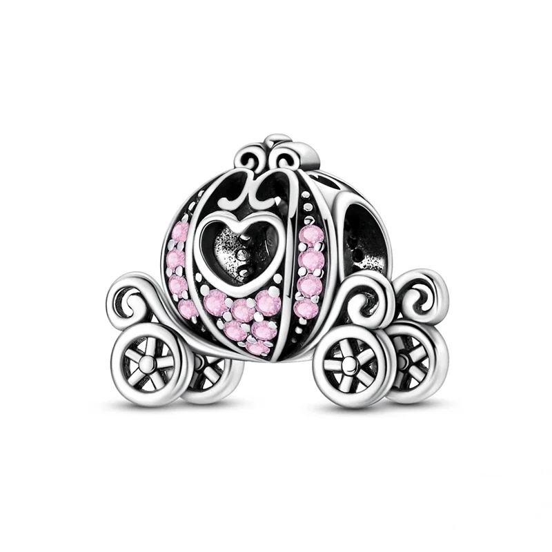 Conta de pulseira em forma de abóbora com detalhes de coração e coroa, em prata polida e zircónias cintilantes.