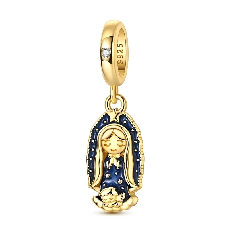 Pingente em prata com zircónias, representando Nossa Senhora de Guadalupe com manto azul estrelado e anjo aos pés