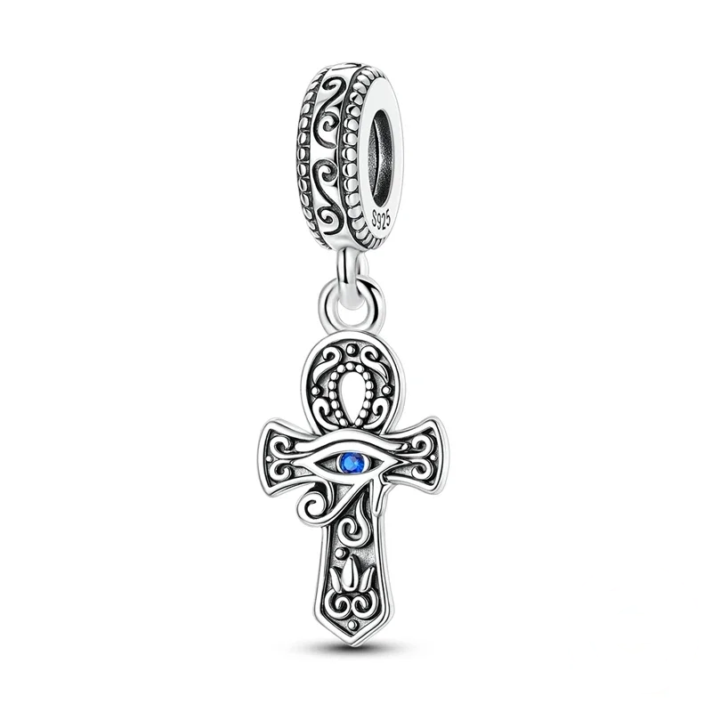 Conta em prata com pendente de cruz Ankh egípcia vazada e Olho de Hórus com zircónia azul