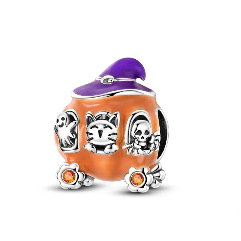 Charm de prata com carruagem de abóbora de Halloween, fantasma, gato e esqueleto, com detalhes em zircónia multicolor