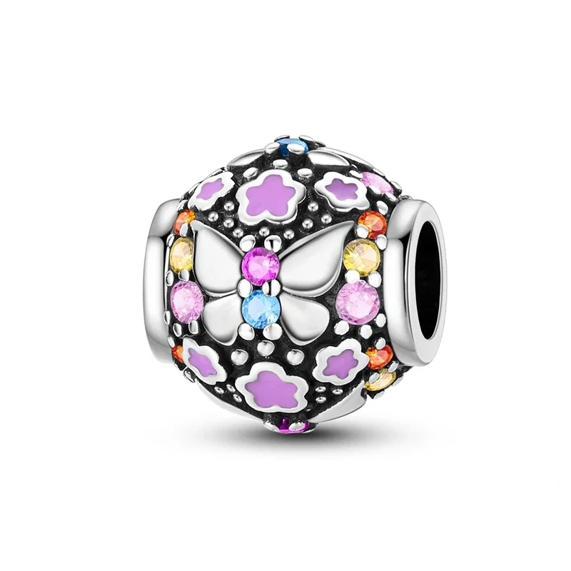 Conta de prata com pendente de borboleta e flores lilases esmaltadas, adornada com zircónias.