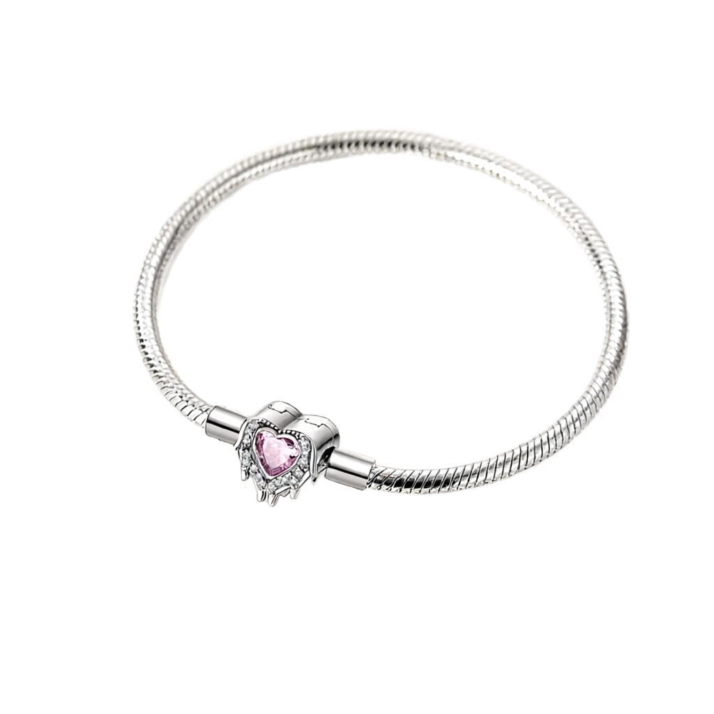 Pulseira em prata 925 com fecho de coração com asas e cristal rosa cravejado de zircónias.