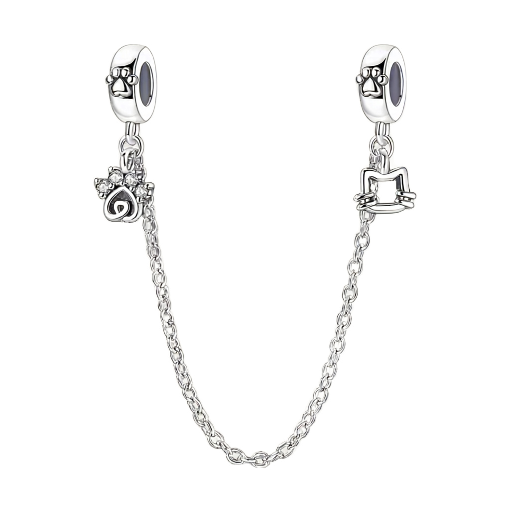 Corrente de segurança prata com pingente patinha cravejada de zircónia e stoppers gravados com patinhas.