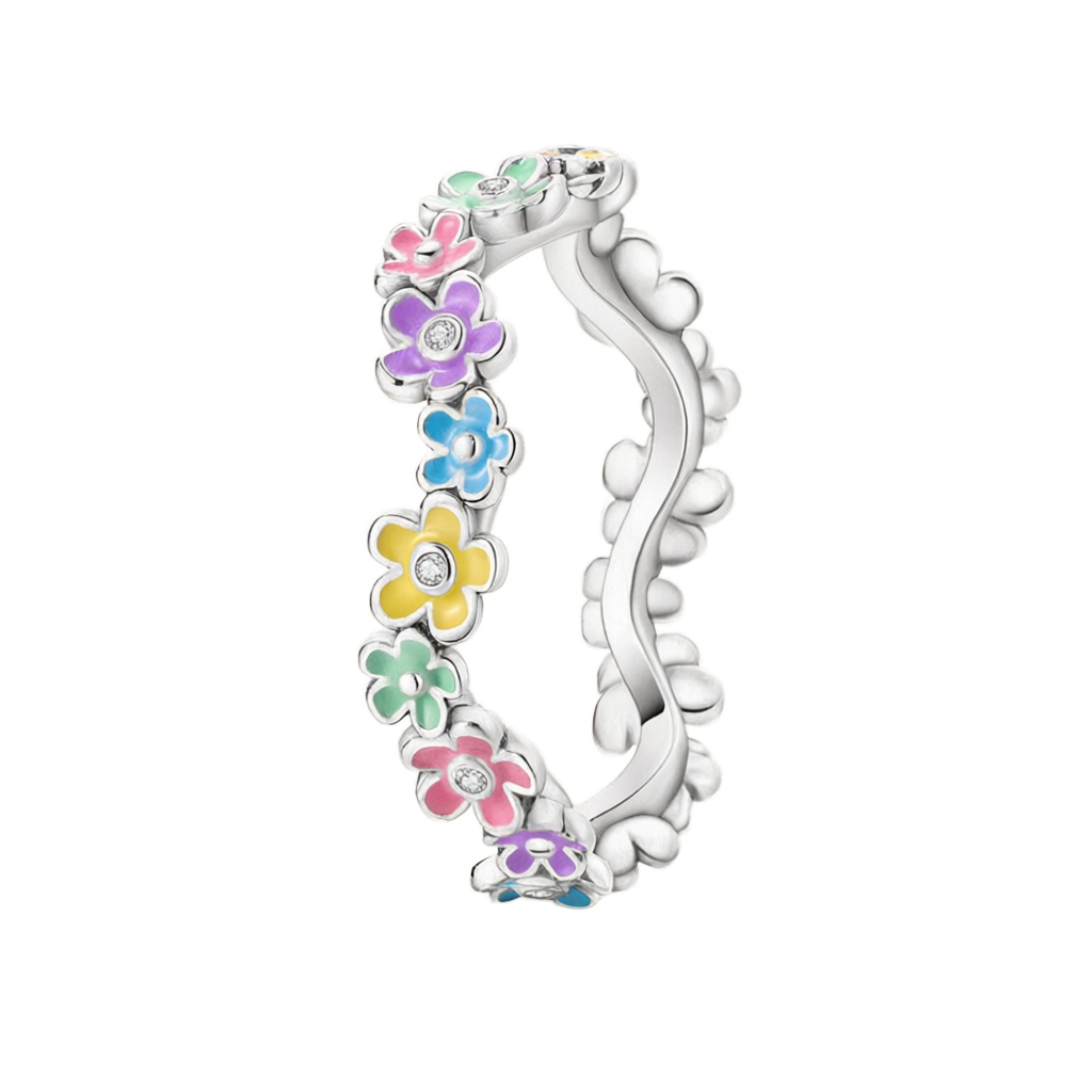 Anel de prata com margaridas em esmalte pastel e zircónia, estilo eterno