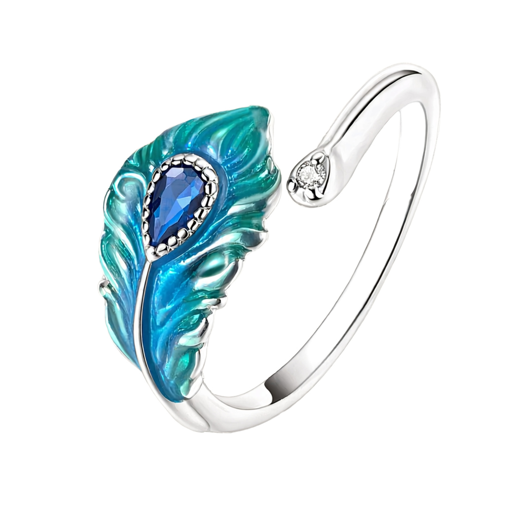 Anel em prata com motivo de pena de pavão, esmalte azul e zircónia central