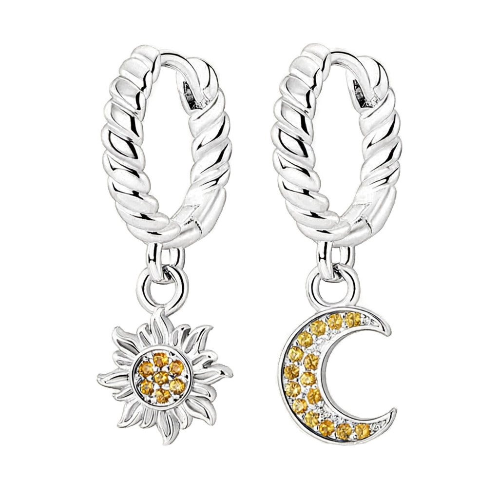 Brincos de prata com pendente de sol e pendente de lua crescente, ambos com zircónias amarelas