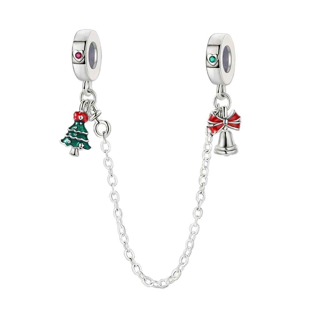 Corrente de segurança em prata com pingente de árvore de Natal esmaltada verde e sino com laço vermelho.