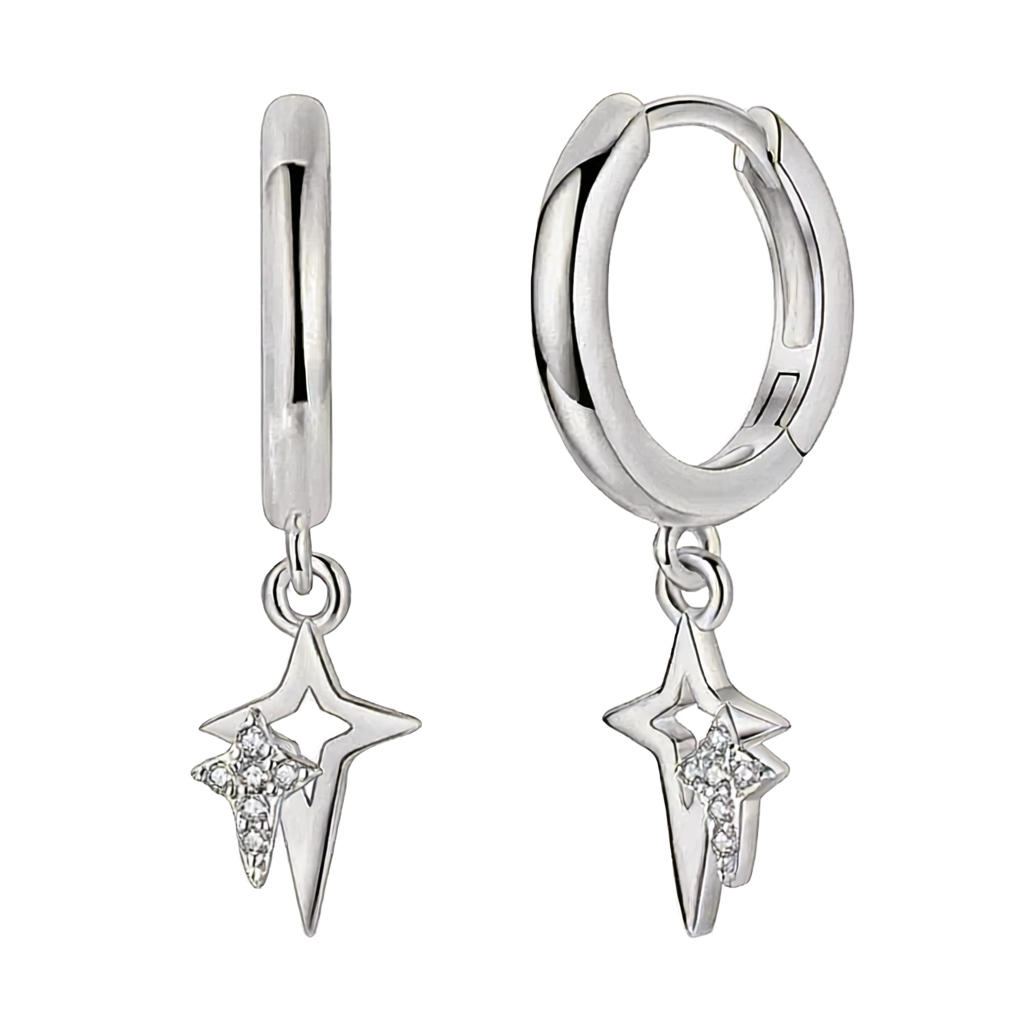 Brincos de argola em prata com pendente de estrela de quatro pontas cravejado de zircónias brilhantes.