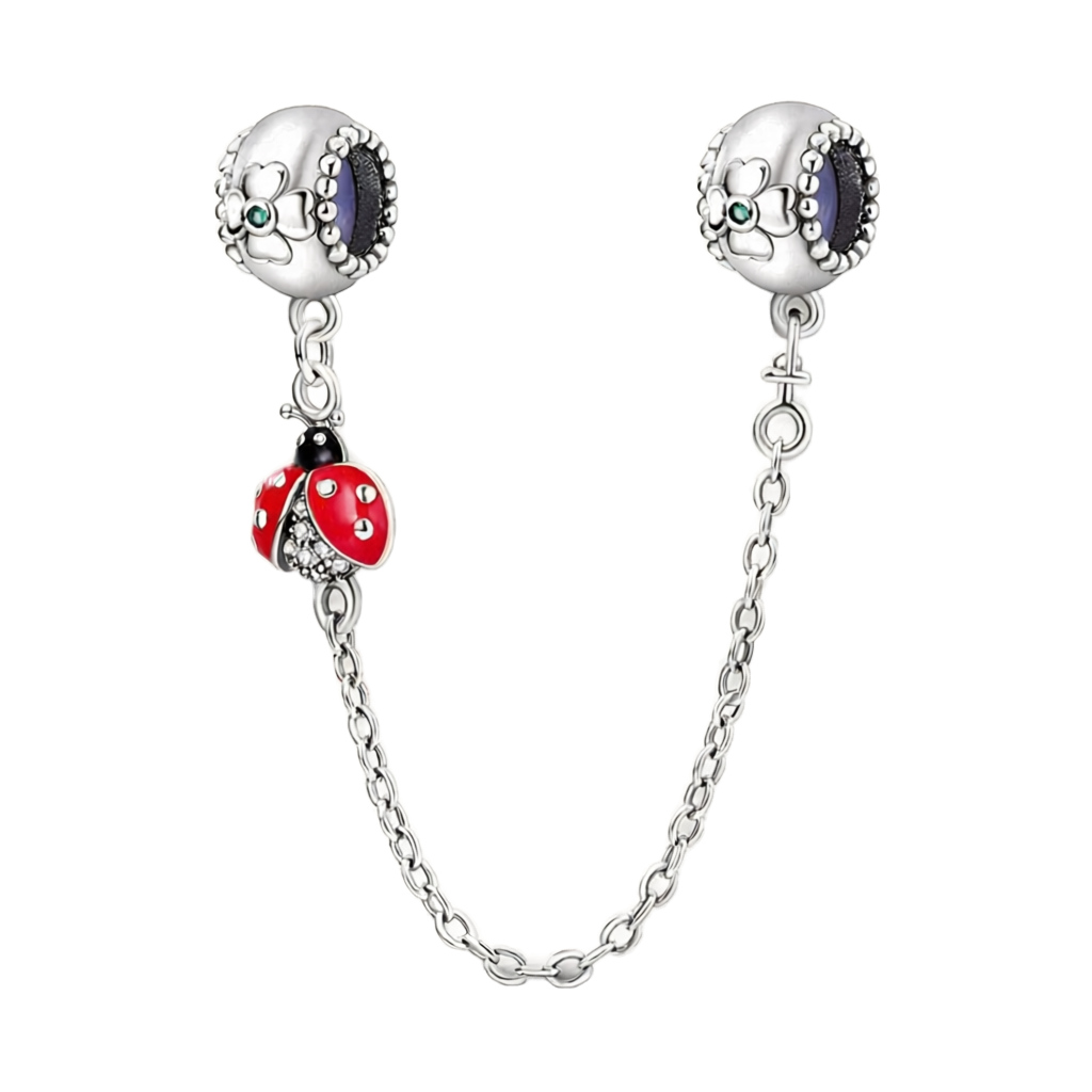 Corrente de segurança em prata com pingente de joaninha em esmalte vermelho e beads florais