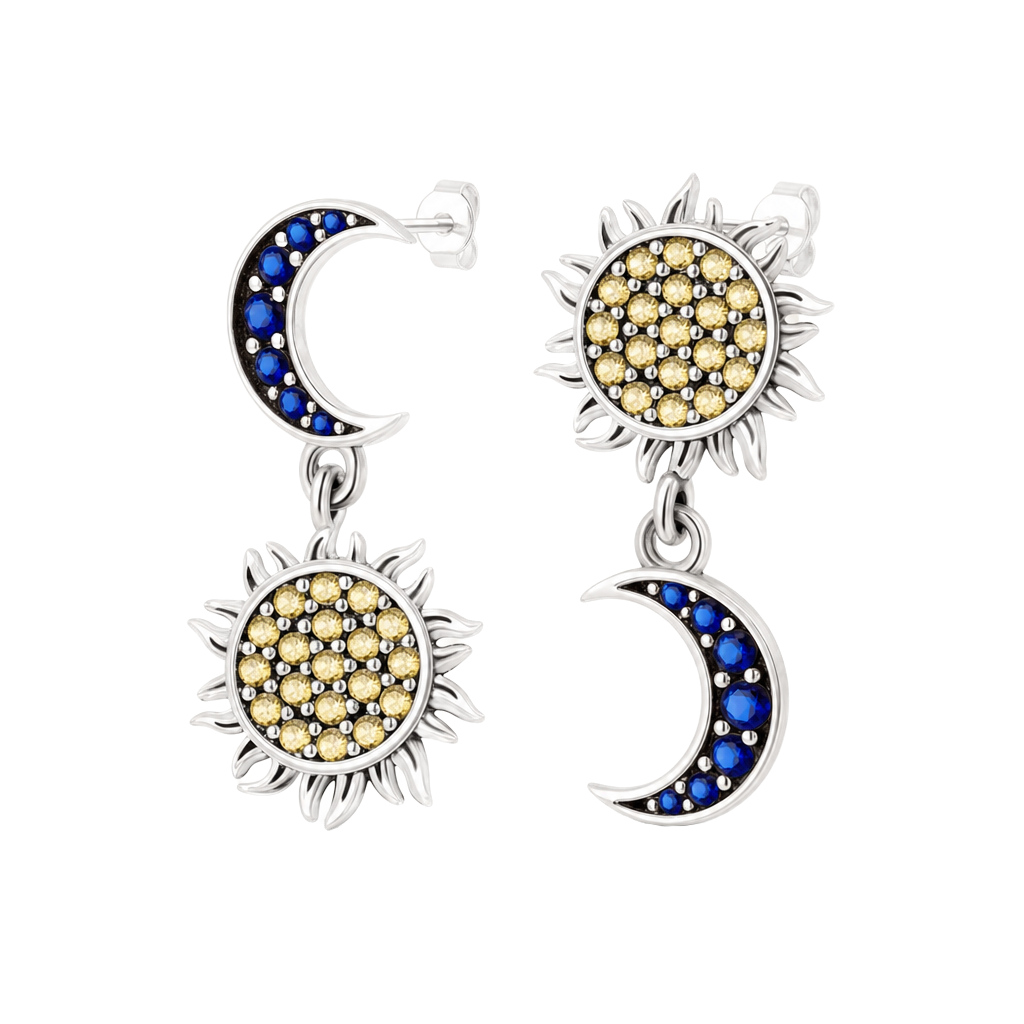 Brincos de prata com um pendente em forma de sol com zircónias amarelas e outro em forma de lua crescente com zircónias azuis.