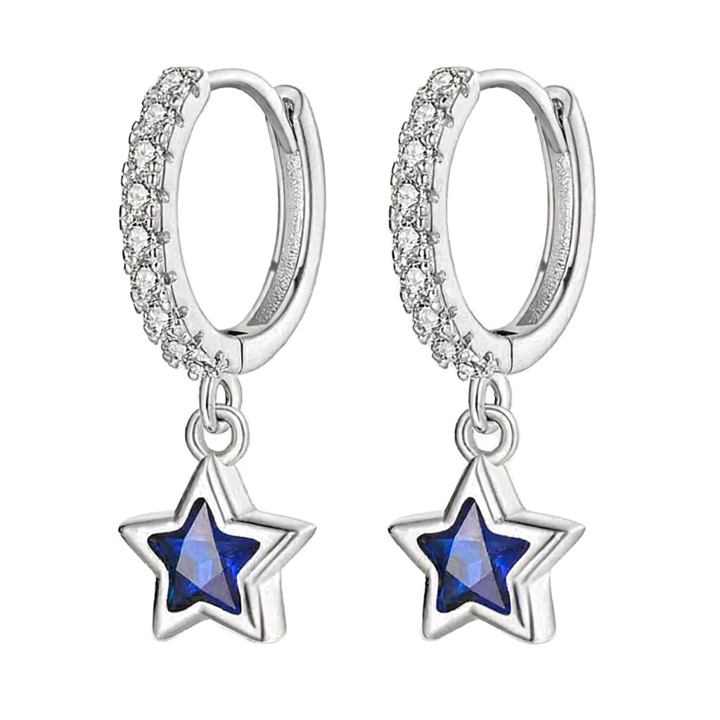 Brincos de argola em prata com pendente estrela cravejado de zircónias transparentes e pedra azul