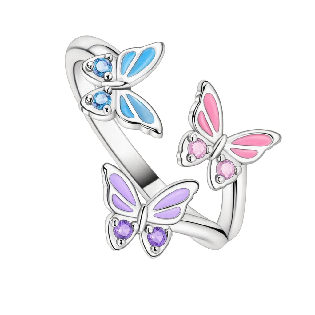 Anel borboleta ajustável em prata com zircónias e esmalte colorido.