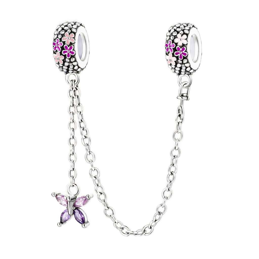 Pulseira de segurança em prata com berloques florais esmaltados e pingente de borboleta em zircónia roxa.